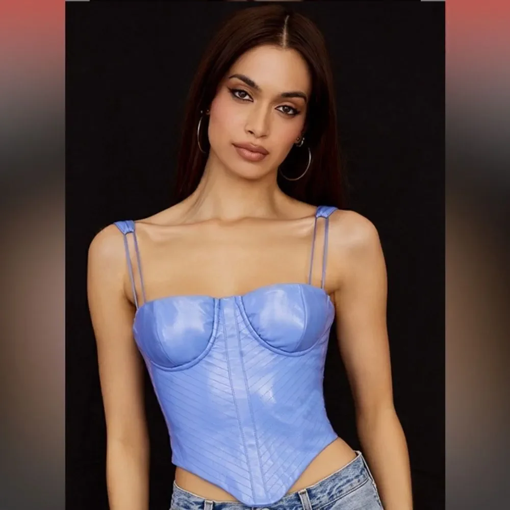 House Of Cb Melissa Vegan Leather Cornflower Blue Crop Top Corset Size XS